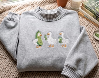 Embroidered Duck and Pickle Gingham Sweatshirt, Cotton Blend Pullover