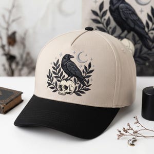 Embroidered Witchy Crow Skull Trucker Hat, Embroidered Moon and Stars Hat, Gothic Raven, Spooky Witch Bird Cap, Occult Crow Gift
