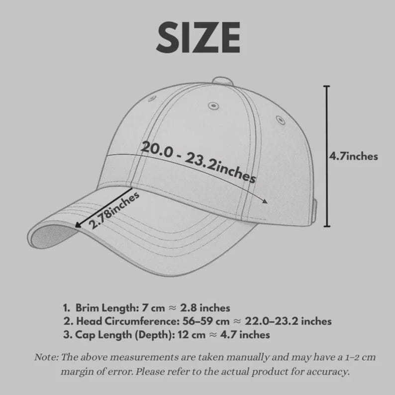 May include: A line drawing of a baseball cap with dimensions labeled. The brim length is 2.78 inches, the head circumference is 20.0-23.2 inches, and the cap depth is 4.7 inches. Text includes: SIZE, 1. Brim Length: 7 cm &asymp; 2.8 inches, 2. Head Circumference: 56-59 cm &asymp; 22.0-23.2 inches, 3. Cap Length (Depth): 12 cm &asymp; 4.7 inches, and a note about manual measurements.