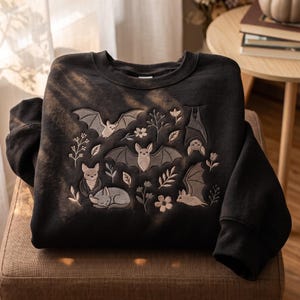 Embroidered Bat Sweatshirt, Gothic Cottagecore Floral Bats Tee, Spooky Animal Shirt