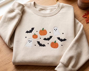 Embroidered Ghost Bats Pumpkin Sweatshirt, Halloween Shirt