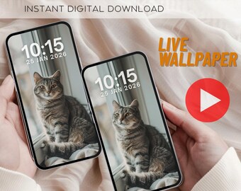 Fondo de pantalla animado de gato acogedor para iPhone: Pantalla de bloqueo suave (descarga digital en MP4 y PNG)