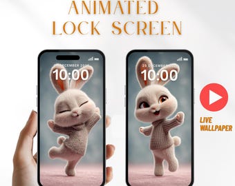 Fondo de pantalla animado de conejito lindo para iPhone, pantalla de bloqueo animada, fondo de pantalla de conejo kawaii para teléfono, fondo estético para móvil, descarga digital.