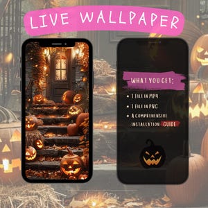 May include: Two smartphones displaying a Halloween-themed live wallpaper. One shows a spooky scene with lit jack-o'-lanterns on steps leading to a door. The other lists the included files: MP4, PNG, and an installation guide. A pink banner reads "LIVE WALLPAPER."