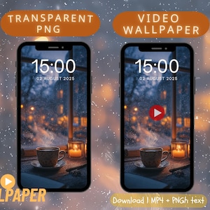 May include: Two smartphones showing a winter scene with a coffee cup, candles, and a window view. One phone has a play button, indicating a video wallpaper. Text includes "Transparent PNG", "Video Wallpaper", and "Live Wallpaper".