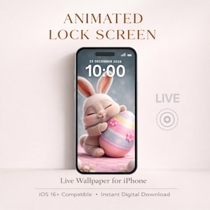 Fondo de pantalla animado de conejito adorable para iPhone, pantalla de bloqueo animada con conejito de Pascua estético, fondo de teléfono acogedor, descarga instantánea.