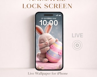 Fondo de pantalla animado de conejito adorable para iPhone, pantalla de bloqueo animada con conejito de Pascua estético, fondo de teléfono acogedor, descarga instantánea.