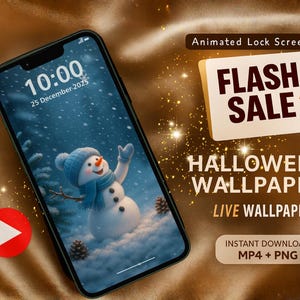 Puede incluir: Un smartphone muestra un muñeco de nieve en una escena invernal, con gorro y bufanda azules. La hora es 10:00 y la fecha es el 25 de diciembre de 2025. Un banner de "FLASH SALE" con un 30% de descuento promociona un fondo de pantalla animado de Halloween.