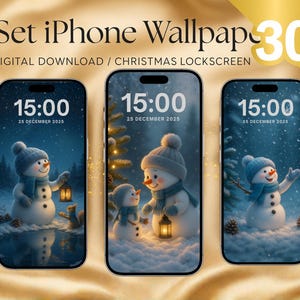 Conjunto de fondos de pantalla de muñeco de nieve navideño rosa para iPhone: 8 fondos de pantalla de bloqueo invernales (descarga digital)