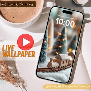 May include: A smartphone displays a Christmas-themed live wallpaper with a miniature train, Christmas trees, and the time 10:00. The image includes a cup of coffee, a play button, and text that reads "Animated Lock Screen" and "Live Wallpaper."