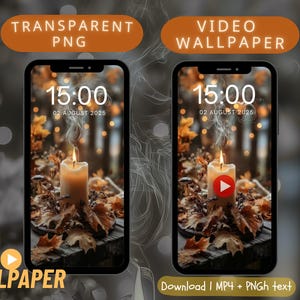 May include: Two smartphones showing a candlelit scene with the time 15:00 and the date 02 August 2025. One phone displays a still image, the other a video with a play button. Text includes "Transparent PNG", "Video Wallpaper", and "Live Wallpaper".