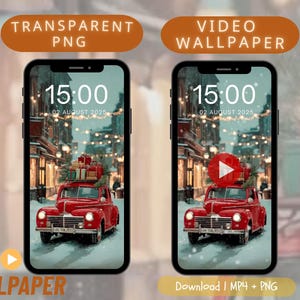 Könnte beinhalten: Zwei Smartphones zeigen eine festliche Winterszene mit einem roten Oldtimer-Truck, der Geschenke transportiert. Die Bildschirme zeigen die Uhrzeit 15:00 Uhr und das Datum 2. August 2025. Text beinhaltet "TRANSPARENT PNG", "VIDEO WALLPAPER" und "LIVE WALLPAPER".