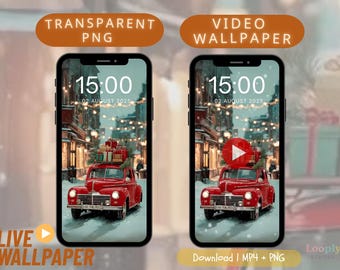 Fondo de pantalla animado de coche rojo navideño: Pantalla de bloqueo navideña animada (descarga digital)