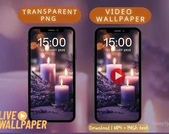 Könnte beinhalten: Zwei Smartphones zeigen eine Kerzenschein-Szene mit lila Kerzen und Lavendel. Die Bildschirme zeigen die Uhrzeit und das Datum, mit dem Text "TRANSPARENT PNG" und "VIDEO WALLPAPER". Die Worte "LIVE WALLPAPER" sind ebenfalls sichtbar.