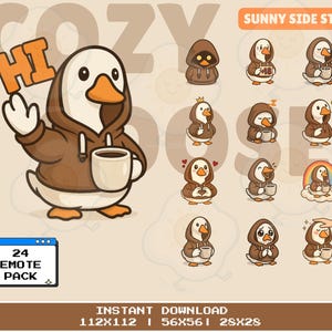 Op de afbeelding: Een verzameling cartoon eenden emotes. De hoofdeend draagt een bruine hoodie en houdt een koffiekopje vast, met een "HI" bord. Andere emotes tonen de eend met verschillende uitdrukkingen. De tekst "24 EMOTE PACK" is ook zichtbaar.
