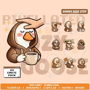 Puede incluir: Un paquete de arte digital con un personaje de ganso pixelado con una sudadera con capucha marrón, sosteniendo una taza de café. La imagen incluye varios emotes del ganso con diferentes expresiones y poses. El texto "24 EMOTE PACK" es visible.