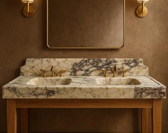 Calacatta Viola Marble Double Sink Vanity: Wall Mounted Custom Size Bathroom Sink with Backsplash