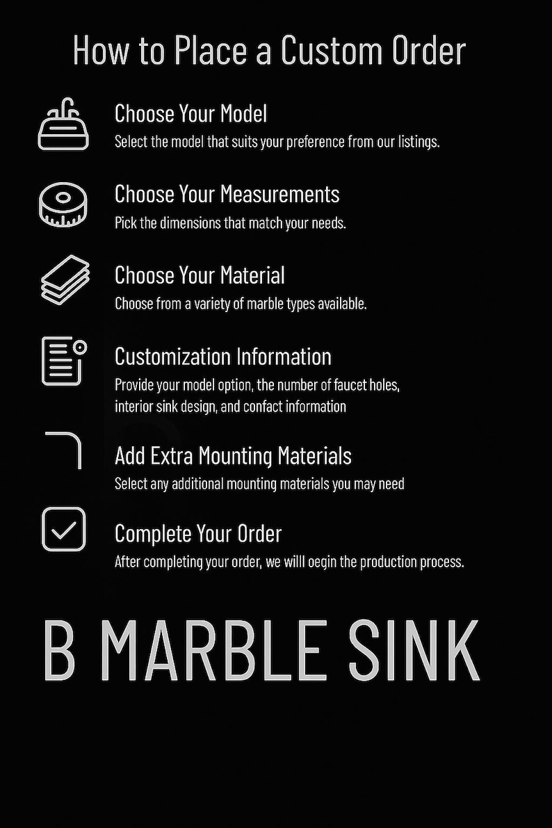 May include: Black graphic with white text that reads "How to Place a Custom Order" and "B MARBLE SINK." Instructions include choosing a model, measurements, material, customization, mounting materials, and completing the order.
