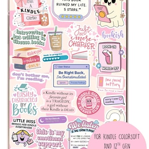 May include: A pink and white Kindle case covered in stickers with book-related themes. The stickers include phrases like "Bookish Vibes," "Just One More Chapter," and "This Book Ruined My Life." The case is designed for Kindle Paperwhite.
