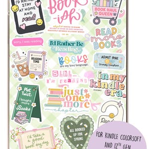 May include: A phone case with a collection of colorful stickers and text related to reading. The stickers include phrases like "I'd rather stay at home and read," "Read more books," and "In my Kindle era." The case is designed for Kindle Paperwhite.
