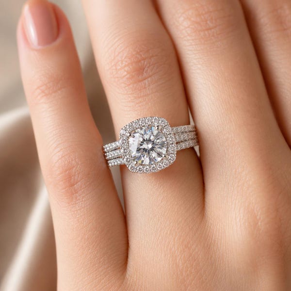 925 Sterling Silver Moissanite Halo Engagement Ring, Cushion Square Bridal Ring, Gift for her