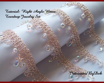 May include: Close-up of a beaded jewelry set with a right angle weave design. The set features a delicate, open weave pattern in a light rose gold color, adorned with iridescent teardrop-shaped beads. The text "Tutorial: Right Angle Weave Teardrop Jewelry Set" is visible.