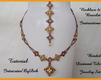 May include: A beaded necklace and bracelet set with a brown and gold color scheme. The necklace features a pendant with a diamond tile design. The text "Tutorial Intricates By Deb" and "Beaded Diamond Tile Jewelry Set" is visible in the image.