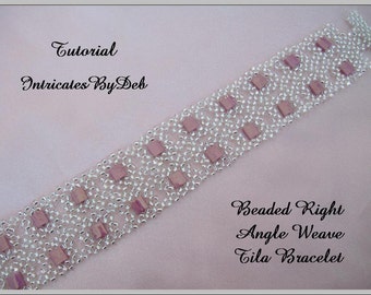 May include: A close-up of a beaded bracelet with a silver and pink color scheme. The bracelet is made with small seed beads and larger square beads. The text "Beaded Right Angle Weave Tila Bracelet" is visible below the bracelet.
