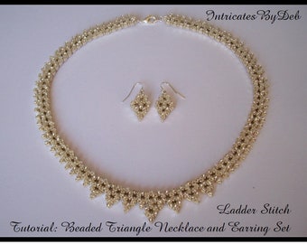 Tutorial for Beaded Triangle Necklace and Earrings Jewelry Set with Ladder Stitch, Pattern, DIY