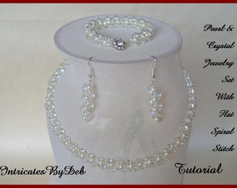 May include: A white pearl and crystal jewelry set with a necklace, bracelet, and earrings. The set is made with a flat spiral stitch. The text "Pearl & Crystal Jewelry Set With Flat Spiral Stitch Tutorial" is visible in the image.