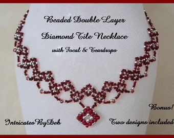 Tutorial Beaded Double Layer Diamond Tile Necklace with Focal & Teardrops - Beading Pattern, Beadweaving Instructions, PDF, Do It Yourself