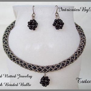 Tutorial Beaded Netted Rope Necklace & Earring Jewelry Set with Beaded Balls - Jewelry Beading Pattern, Beadweaving Instructions, PDF, DIY