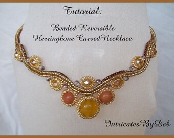 May include: A gold and brown beaded necklace with a curved design. The necklace is reversible and features a herringbone pattern. The text "Tutorial: Beaded Reversible Herringbone Curved Necklace" and "Intricates By Deb" are visible in the image.
