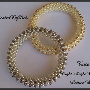 May include: Two beaded bracelets, one silver and one gold, against a white background. The bracelets are made with small beads and are in the shape of a circle. The text "Tutorial: Right Angle Weave Lattice Bangle" is written below the bracelets.