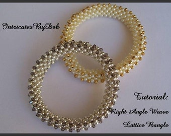 May include: Two beaded bracelets, one silver and one gold, with a white background. The bracelets are made with small beads and are in the shape of a circle. The text "Tutorial: Right Angle Weave Lattice Bangle" is written below the bracelets.