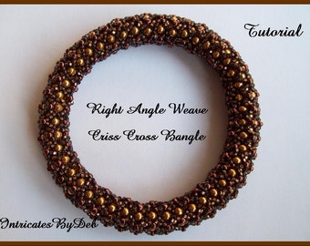 May include: A brown and gold beaded bangle bracelet made with a right angle weave. The bracelet is called a "Criss Cross Bangle" and the image includes the text "Tutorial".
