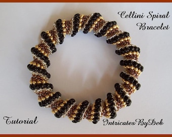 May include: A black, gold, and brown beaded bracelet with a spiral design. The bracelet is called "Cellini Spiral Bracelet" and the image includes the text "Tutorial" and "Intricates By Deb".