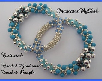 May include: Two beaded crochet bracelets, one silver and one with graduated turquoise beads. The bracelets are intertwined and the text "Intricates By Deb" and "Tutorial: Beaded Graduated Crochet Bangle" is visible.