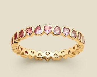 Heart Shape Pink Sapphire Bezel Set Engagement Ring 925Sterling Silver Handmade Full Eternity Band