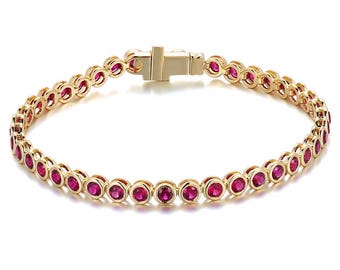 Pulsera de tenis de rubí con piedras preciosas rojas redondas de plata de ley 925, joyería nupcial, pulsera de boda hecha a mano