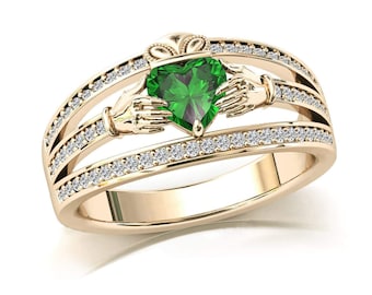 14k Gold Heart Emerald Claddagh Ring Unique Irish Wedding Ring For Women Gift