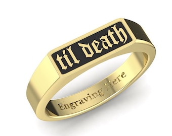 Til Death Ring Gothic Engraved Gold Band Black Enamel Promise Custom  Minimalist Band Gift
