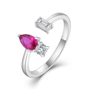 Pear Ruby With Baguette Moissanite Accent Open Ring for Women Silver Dainty Ring Bridesmaid