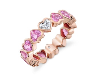 Heart Ring Pink Sapphire, Moissanite, Rose Gold Wedding Band Unique Handmade Ring