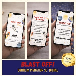 Könnte beinhalten: Digitales Geburtstagseinladungsset mit Weltraumthema. Das Design zeigt einen Astronauten, eine Rakete und Planeten. Die Einladung enthält den Text "BLAST OFF!" und Party-Details, einschließlich des RSVP-Datums, des Namens und der Kontaktinformationen.