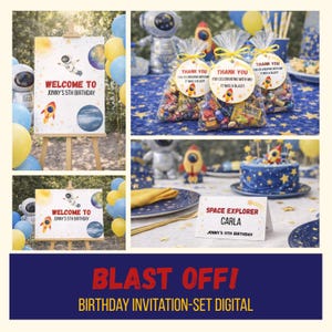 Könnte beinhalten: Eine Weltraum-Geburtstagsparty-Szene mit einem Schild mit der Aufschrift "Willkommen zu Jonnys 5. Geburtstag". Das Bild zeigt einen Kuchen, Partygeschenke und Dekorationen mit Raketen, Planeten und Astronautenmotiven. Blaue und gelbe Luftballons sind ebenfalls zu sehen.