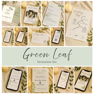 Könnte beinhalten: Eine Sammlung von Hochzeitspapeterie mit einem grünen Blatt-Thema. Enthält Einladungen, Save-the-Date-Karten, eine Hochzeitskarte und digitale Mockups auf Smartphones. Der Text "Green Leaf Invitation-Set" wird angezeigt.