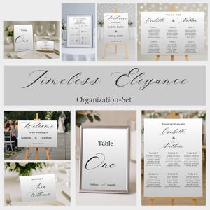 May include: A selection of wedding stationery with elegant calligraphy. Includes welcome signs, seating charts, and table numbers. The signs are displayed on easels and in frames, with a neutral colour palette.