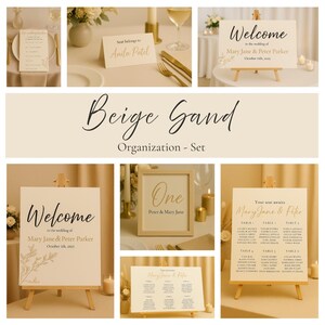 Könnte beinhalten: Eine Sammlung von Hochzeitsbriefpapier und Dekorationen in Beige. Enthält Willkommensschilder, Sitzpläne, Tischkarten und eine gerahmte Tischnummer. Der Text enthält Namen und Daten.