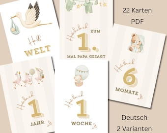 Biglietti per le tappe fondamentali del primo anno del bambino (in tedesco) | Unisex | Biglietti mensili | Regalo per neonati | 22 biglietti (formato PDF) | Servizio fotografico per neonati